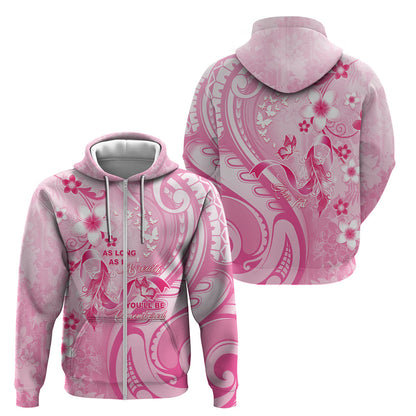 Personalised Memorial Pink Breast Cancer Support Zip Hoodie Plumeria Floral Tribal Pattern