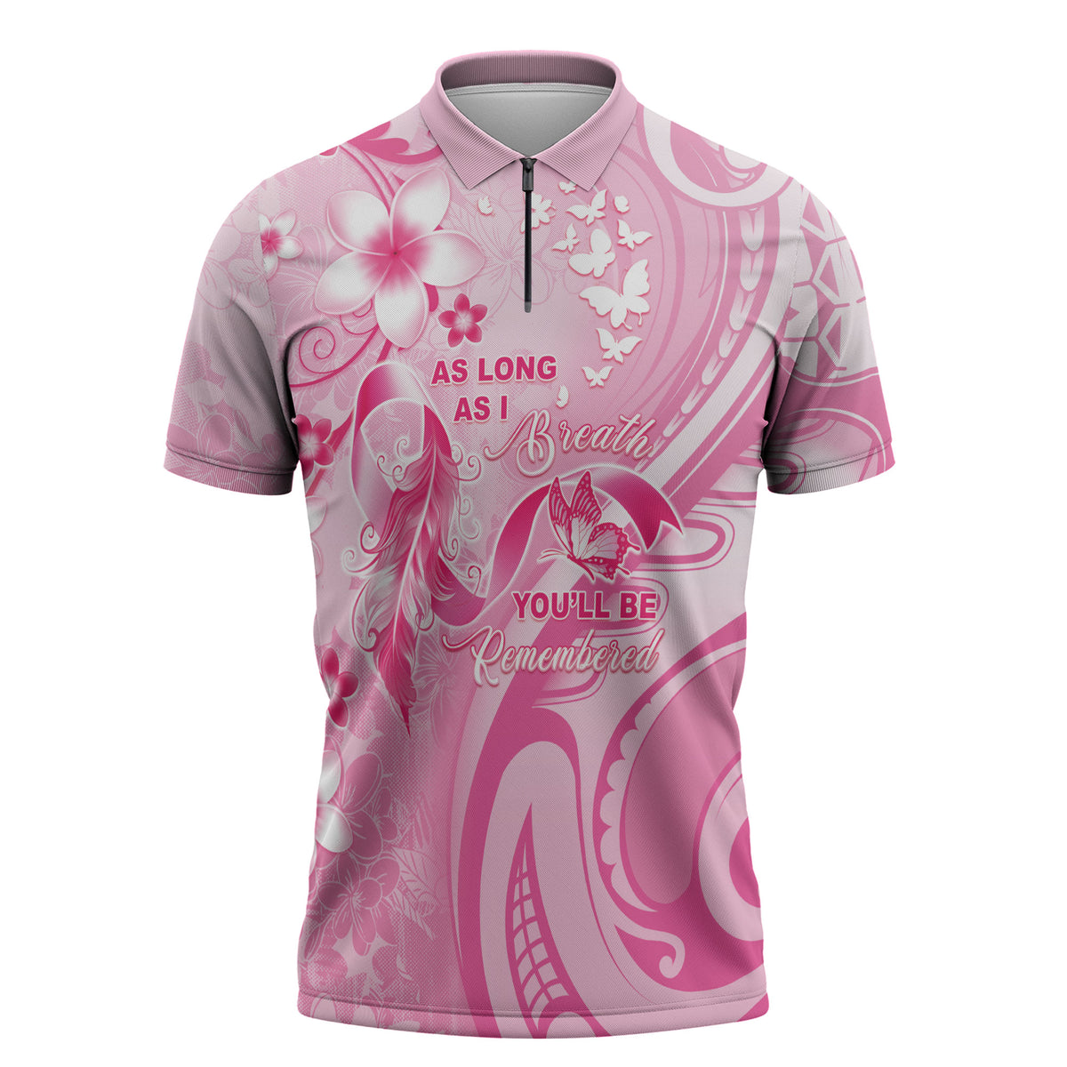 Personalised Memorial Pink Breast Cancer Support Zipper Polo Shirt Plumeria Floral Tribal Pattern