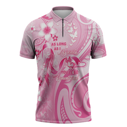 Personalised Memorial Pink Breast Cancer Support Zipper Polo Shirt Plumeria Floral Tribal Pattern