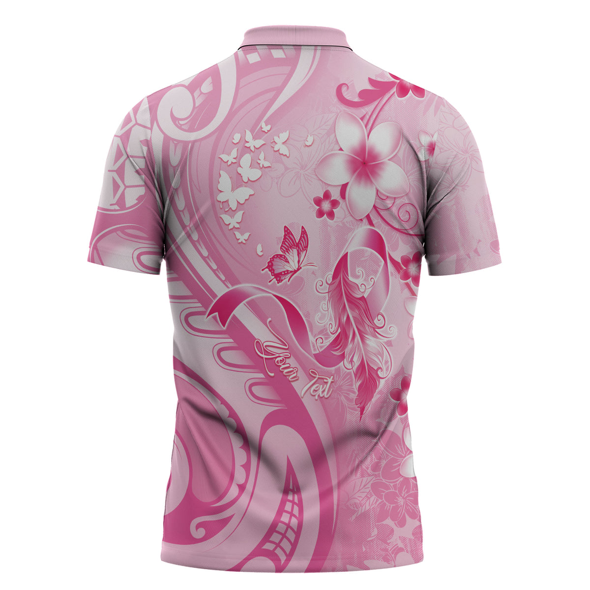 Personalised Memorial Pink Breast Cancer Support Zipper Polo Shirt Plumeria Floral Tribal Pattern