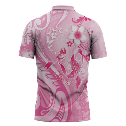 Personalised Memorial Pink Breast Cancer Support Zipper Polo Shirt Plumeria Floral Tribal Pattern
