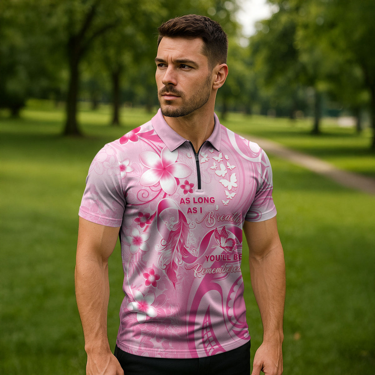 Personalised Memorial Pink Breast Cancer Support Zipper Polo Shirt Plumeria Floral Tribal Pattern