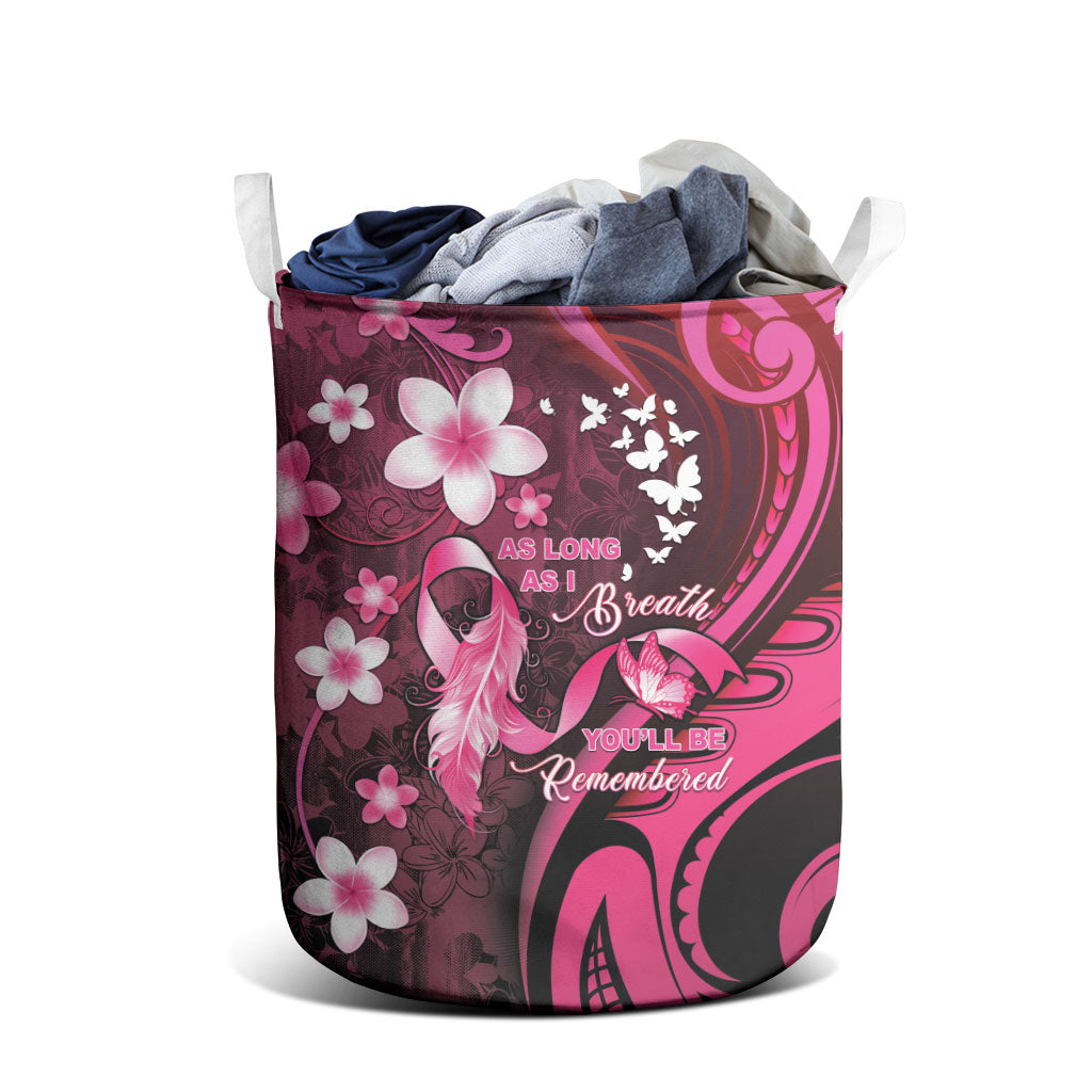 Memorial Breast Cancer Support Laundry Basket Plumeria Floral Tribal Pattern