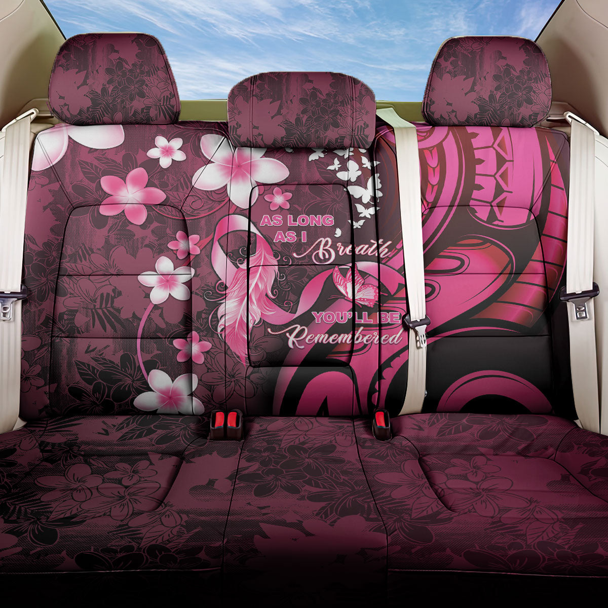 Memorial Breast Cancer Support Back Car Seat Cover Plumeria Floral Tribal Pattern