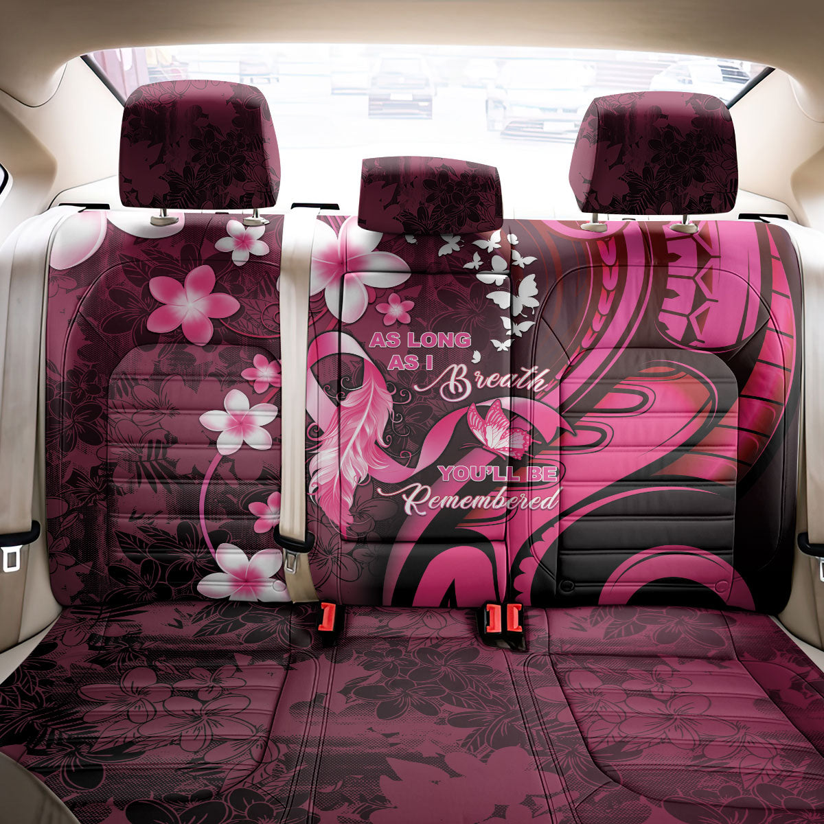 Memorial Breast Cancer Support Back Car Seat Cover Plumeria Floral Tribal Pattern