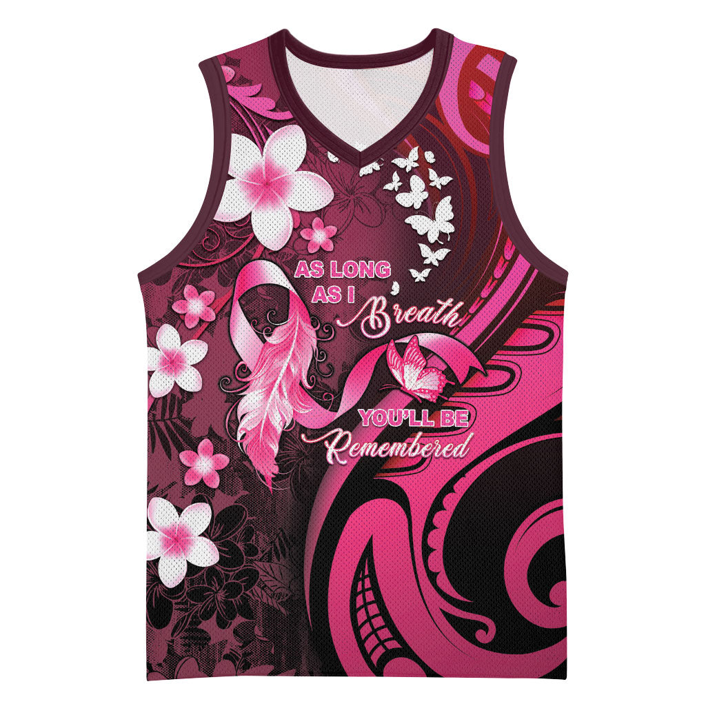 Personalised Memorial Breast Cancer Support Basketball Jersey Plumeria Floral Tribal Pattern