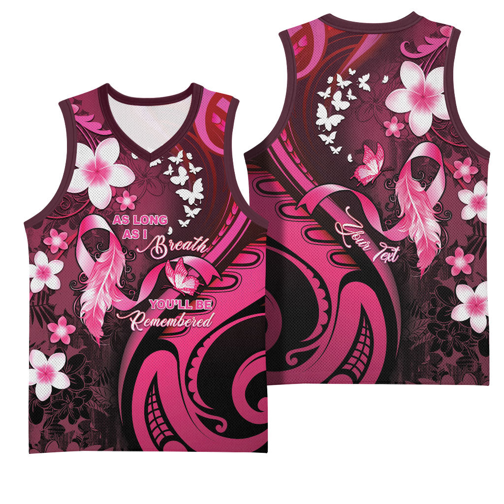 Personalised Memorial Breast Cancer Support Basketball Jersey Plumeria Floral Tribal Pattern