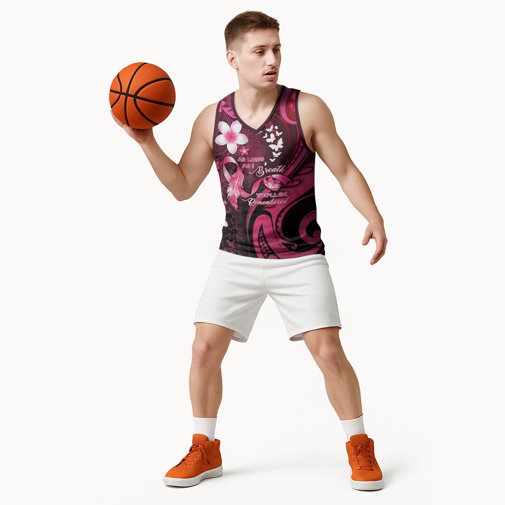 Personalised Memorial Breast Cancer Support Basketball Jersey Plumeria Floral Tribal Pattern