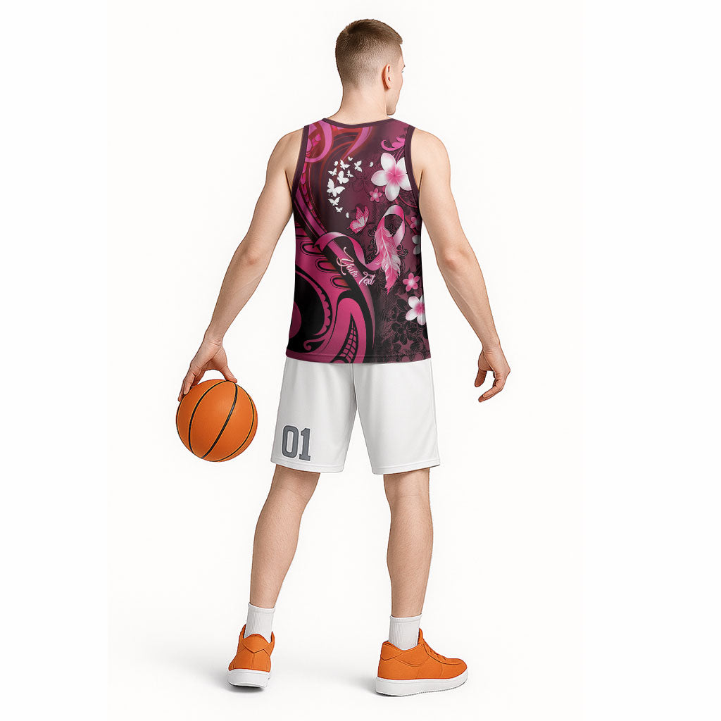 Personalised Memorial Breast Cancer Support Basketball Jersey Plumeria Floral Tribal Pattern