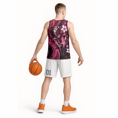 Personalised Memorial Breast Cancer Support Basketball Jersey Plumeria Floral Tribal Pattern