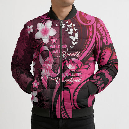 Personalised Memorial Breast Cancer Support Bomber Puffer Jacket Plumeria Floral Tribal Pattern