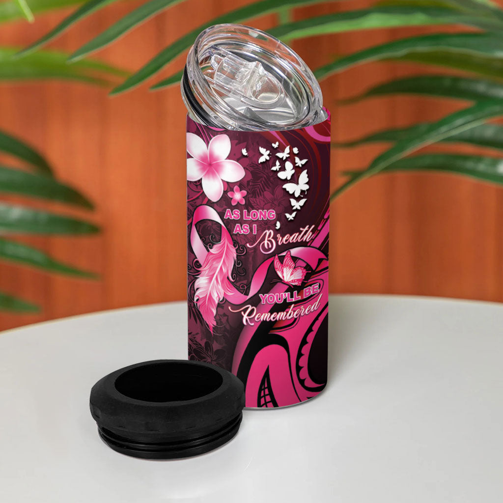 Personalised Memorial Breast Cancer Support 4 in 1 Can Cooler Tumbler Plumeria Floral Tribal Pattern