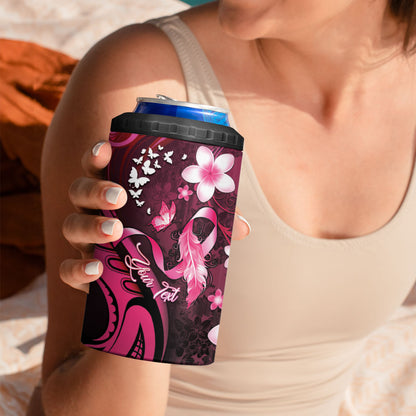 Personalised Memorial Breast Cancer Support 4 in 1 Can Cooler Tumbler Plumeria Floral Tribal Pattern