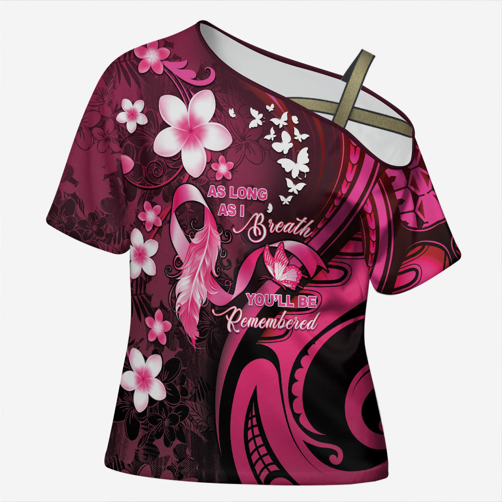 Personalised Memorial Breast Cancer Support Cross Shoulder Shirt Plumeria Floral Tribal Pattern