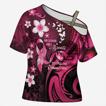 Personalised Memorial Breast Cancer Support Cross Shoulder Shirt Plumeria Floral Tribal Pattern