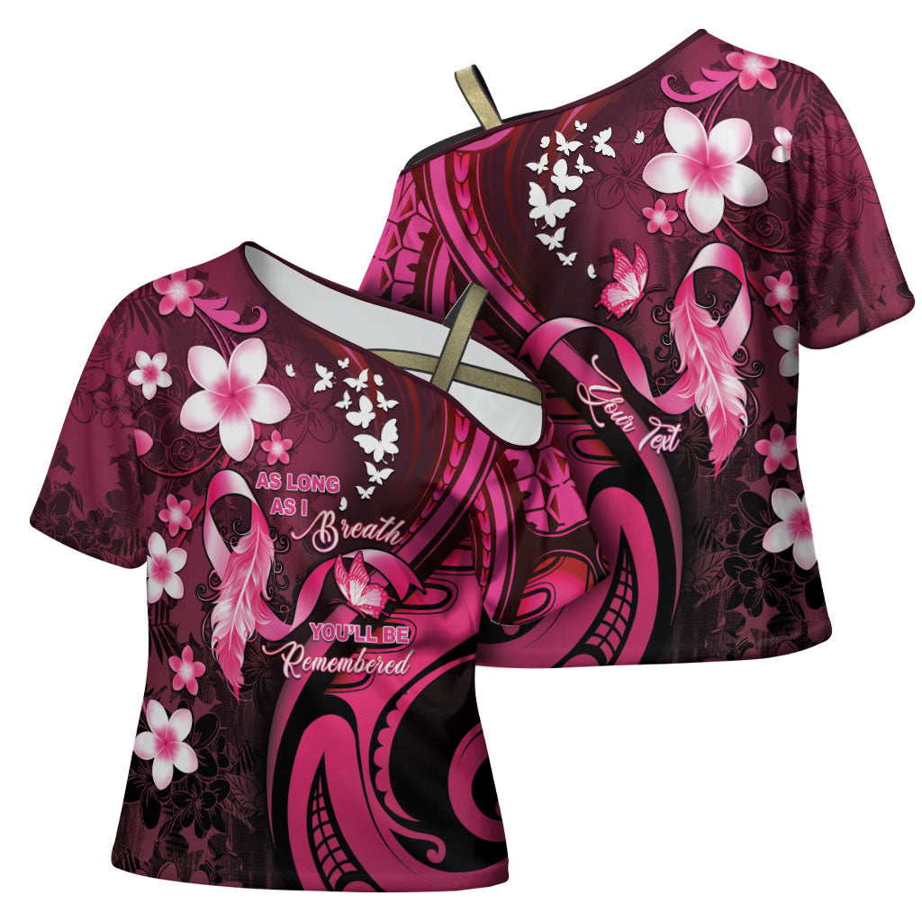 Personalised Memorial Breast Cancer Support Cross Shoulder Shirt Plumeria Floral Tribal Pattern