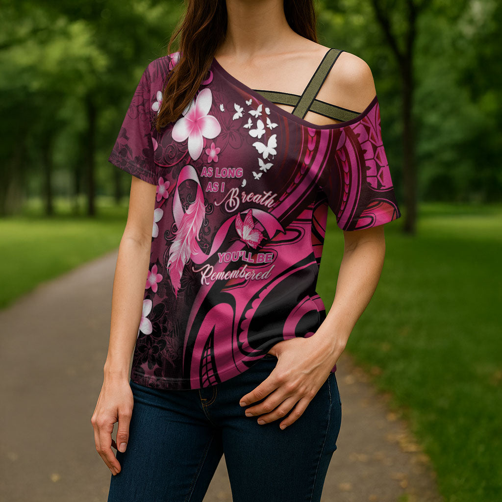 Personalised Memorial Breast Cancer Support Cross Shoulder Shirt Plumeria Floral Tribal Pattern