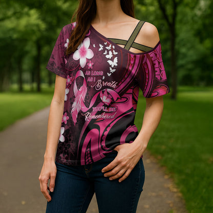 Personalised Memorial Breast Cancer Support Cross Shoulder Shirt Plumeria Floral Tribal Pattern