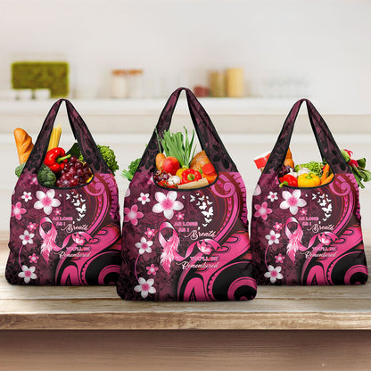 Memorial Breast Cancer Support Grocery Bag Plumeria Floral Tribal Pattern