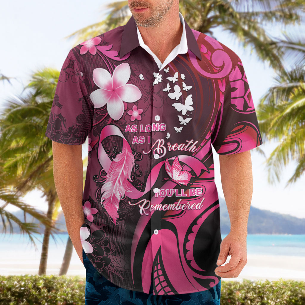 Personalised Memorial Breast Cancer Support Hawaiian Shirt Plumeria Floral Tribal Pattern