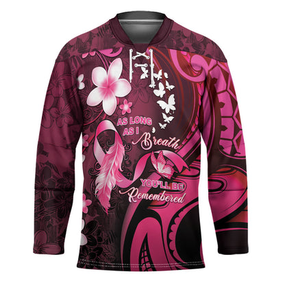 Personalised Memorial Breast Cancer Support Hockey Jersey Plumeria Floral Tribal Pattern