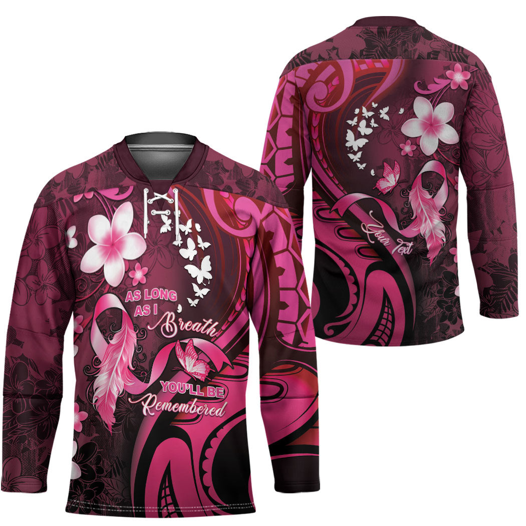 Personalised Memorial Breast Cancer Support Hockey Jersey Plumeria Floral Tribal Pattern