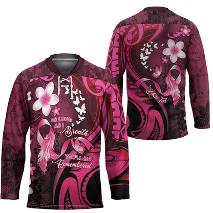 Personalised Memorial Breast Cancer Support Hockey Jersey Plumeria Floral Tribal Pattern