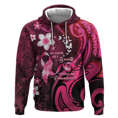 Personalised Memorial Breast Cancer Support Hoodie Plumeria Floral Tribal Pattern