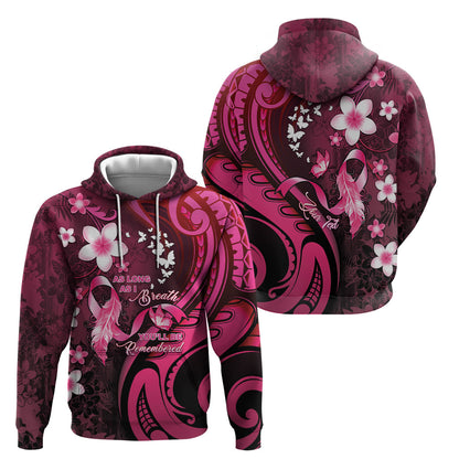 Personalised Memorial Breast Cancer Support Hoodie Plumeria Floral Tribal Pattern