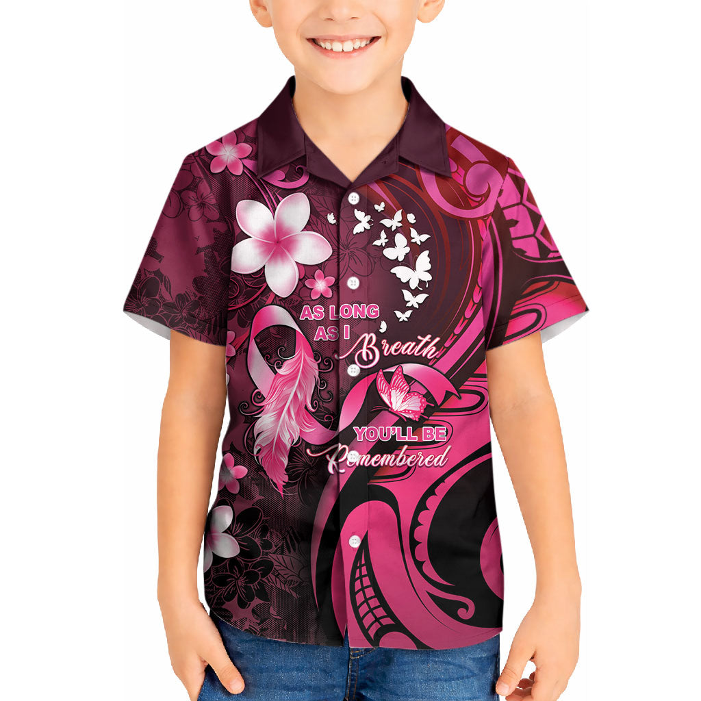 Personalised Memorial Breast Cancer Support Kid Hawaiian Shirt Plumeria Floral Tribal Pattern