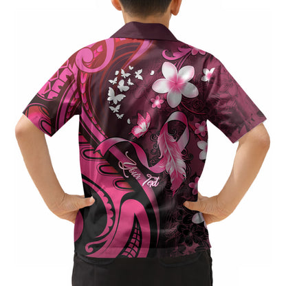 Personalised Memorial Breast Cancer Support Kid Hawaiian Shirt Plumeria Floral Tribal Pattern
