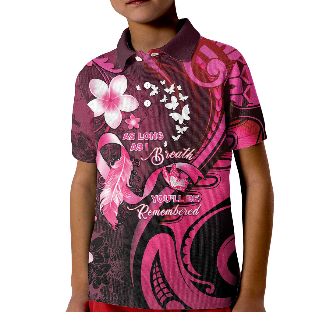 Personalised Memorial Breast Cancer Support Kid Polo Shirt Plumeria Floral Tribal Pattern