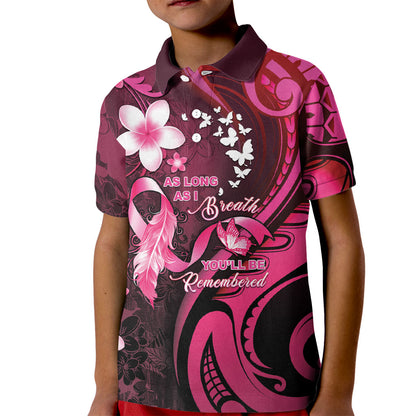 Personalised Memorial Breast Cancer Support Kid Polo Shirt Plumeria Floral Tribal Pattern