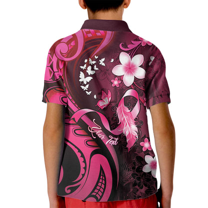 Personalised Memorial Breast Cancer Support Kid Polo Shirt Plumeria Floral Tribal Pattern