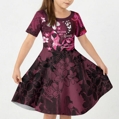 Personalised Memorial Breast Cancer Support Kid Short Sleeve Dress Plumeria Floral Tribal Pattern
