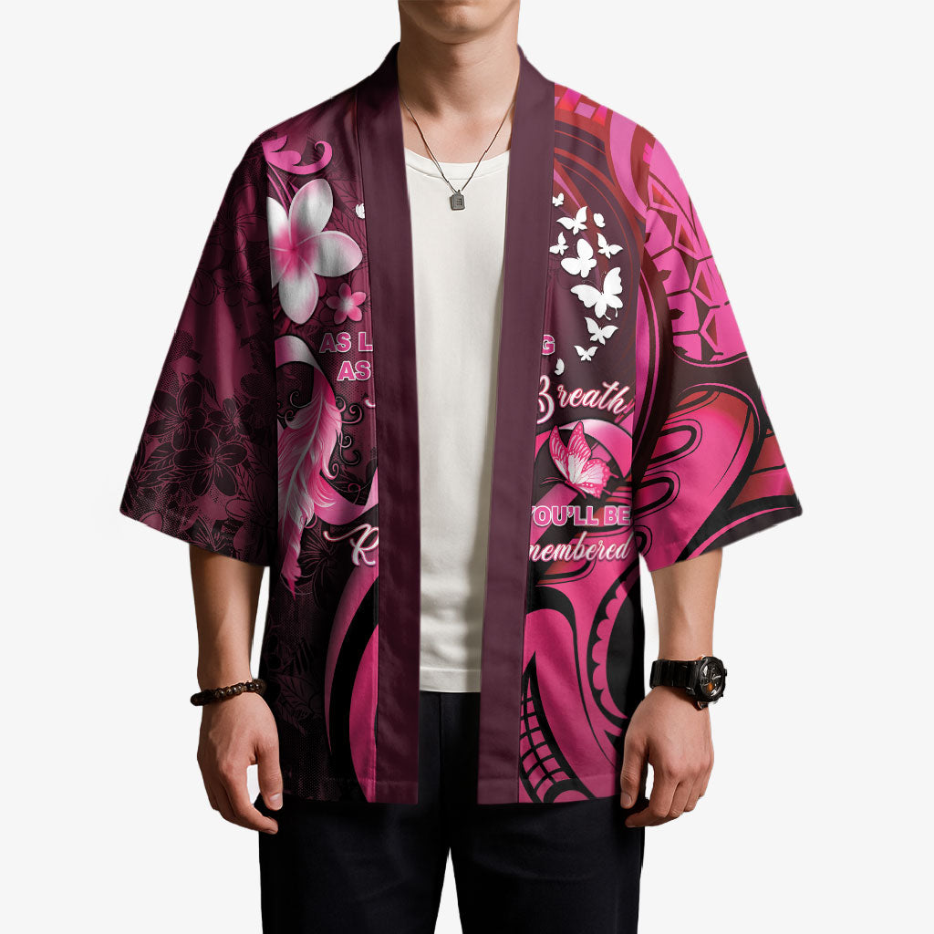 Personalised Memorial Breast Cancer Support Kimono Plumeria Floral Tribal Pattern