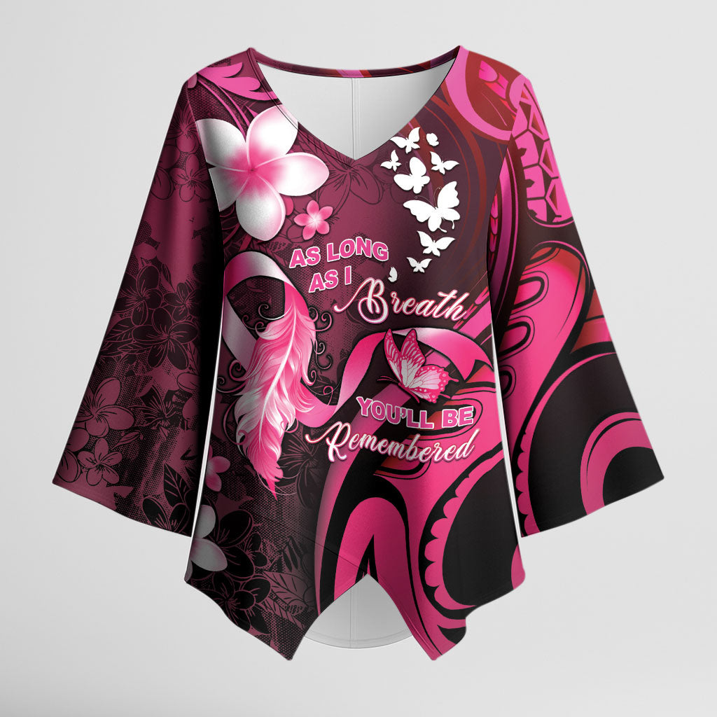 Personalised Memorial Breast Cancer Support Kimono Sleeve Blouse Plumeria Floral Tribal Pattern
