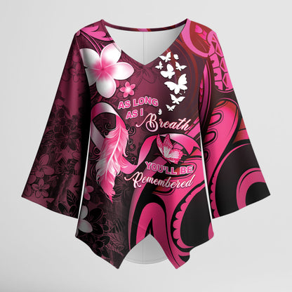 Personalised Memorial Breast Cancer Support Kimono Sleeve Blouse Plumeria Floral Tribal Pattern