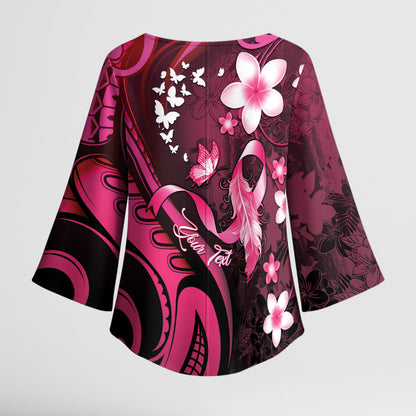 Personalised Memorial Breast Cancer Support Kimono Sleeve Blouse Plumeria Floral Tribal Pattern
