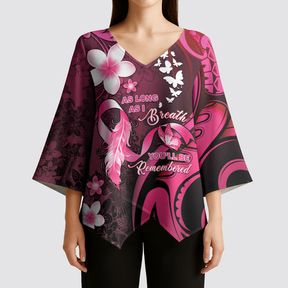 Personalised Memorial Breast Cancer Support Kimono Sleeve Blouse Plumeria Floral Tribal Pattern