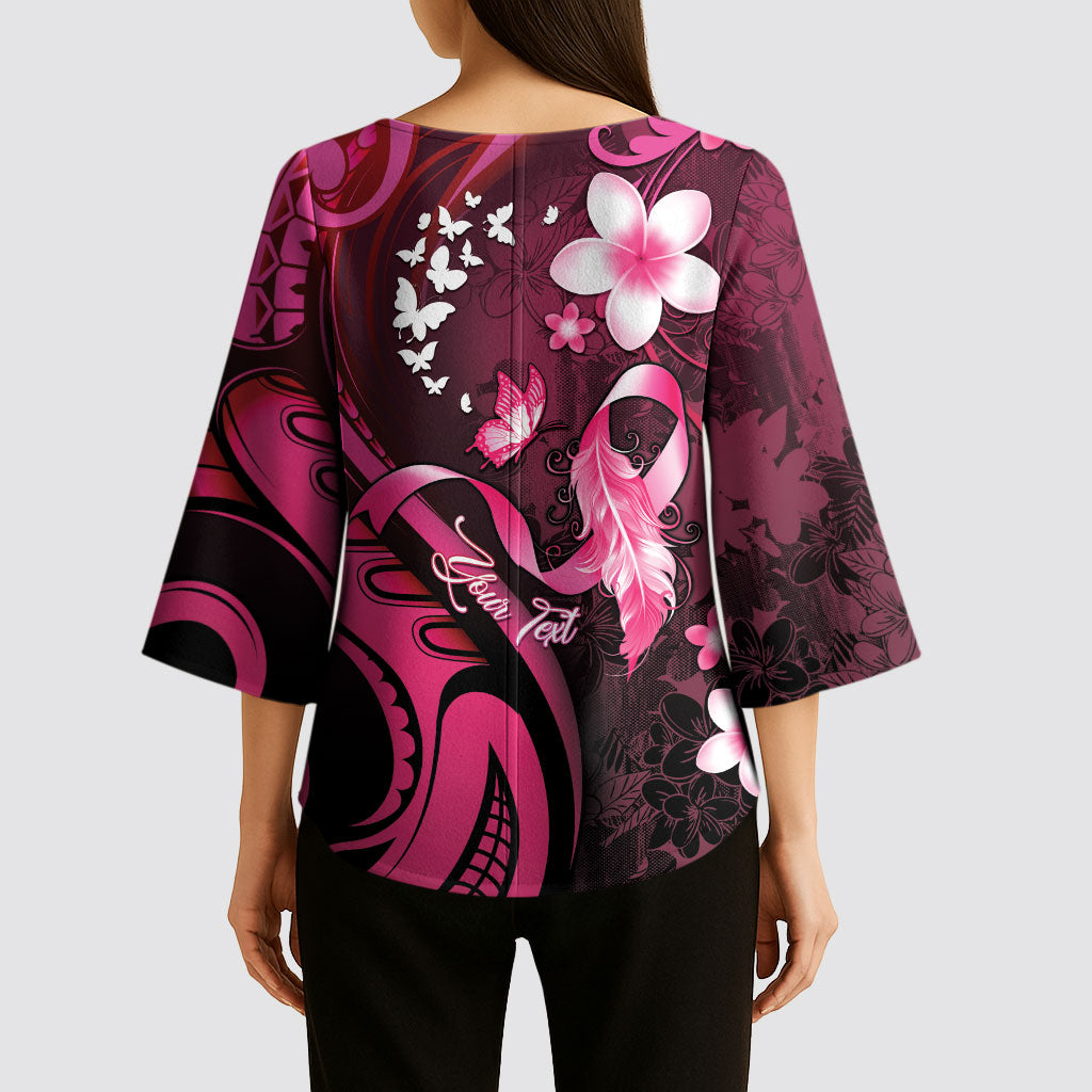 Personalised Memorial Breast Cancer Support Kimono Sleeve Blouse Plumeria Floral Tribal Pattern