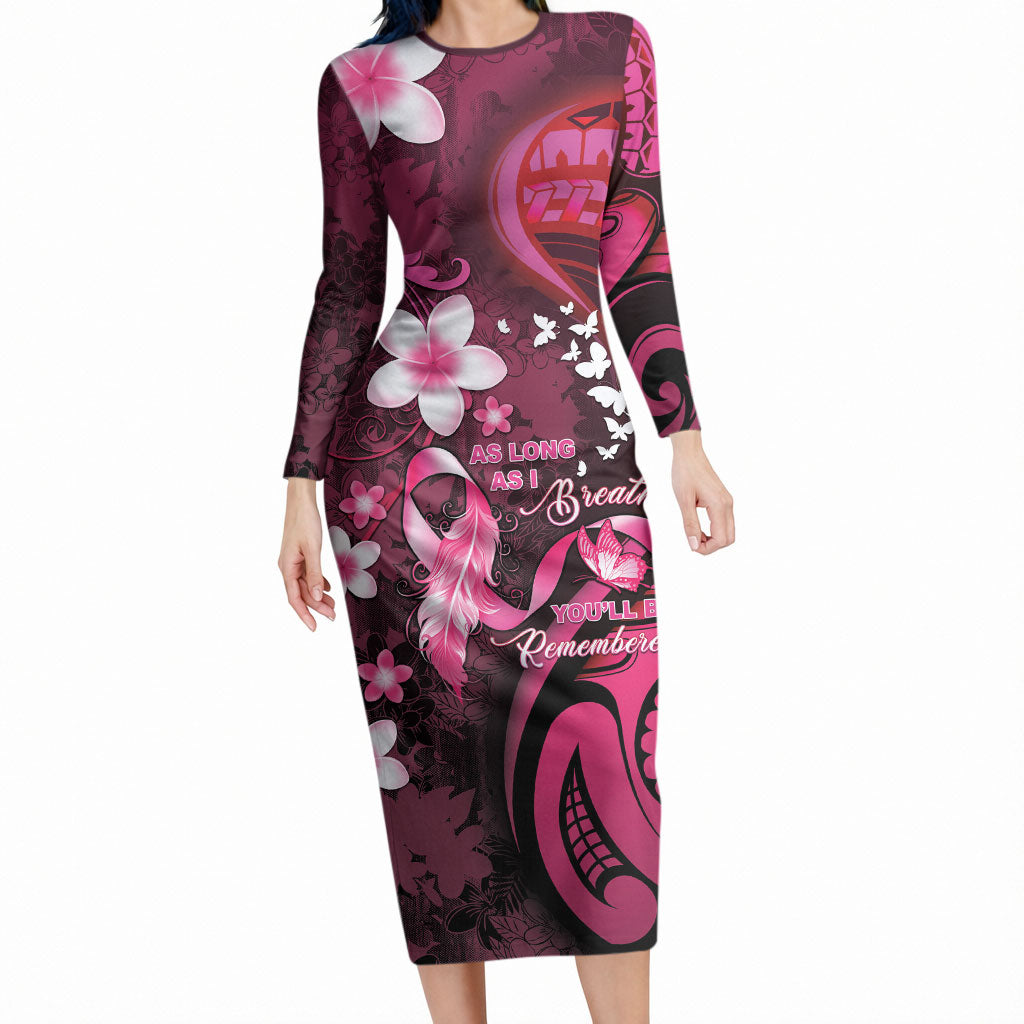 Personalised Memorial Breast Cancer Support Long Sleeve Bodycon Dress Plumeria Floral Tribal Pattern