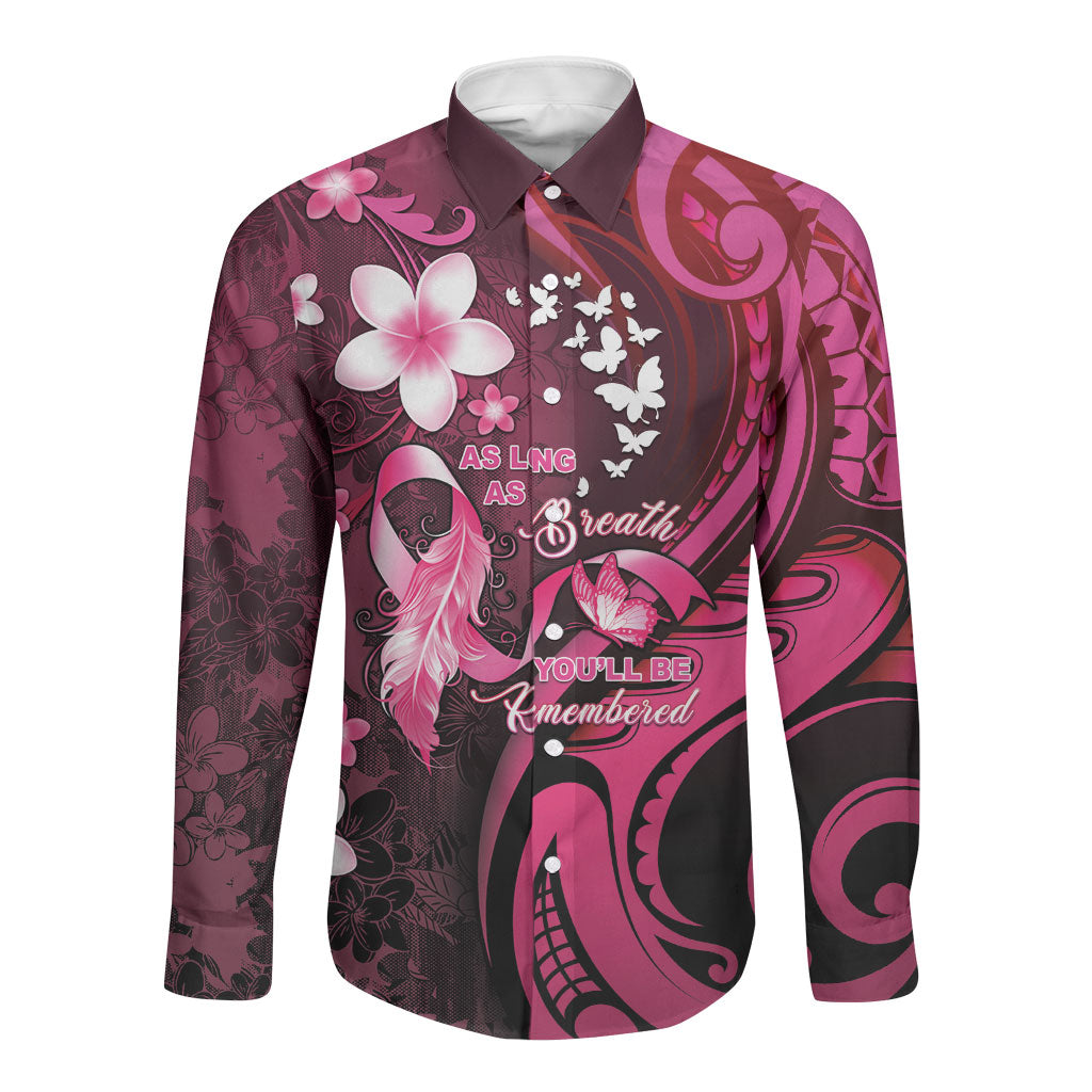 Personalised Memorial Breast Cancer Support Long Sleeve Button Shirt Plumeria Floral Tribal Pattern