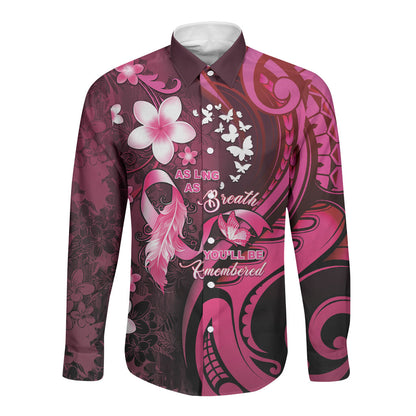 Personalised Memorial Breast Cancer Support Long Sleeve Button Shirt Plumeria Floral Tribal Pattern