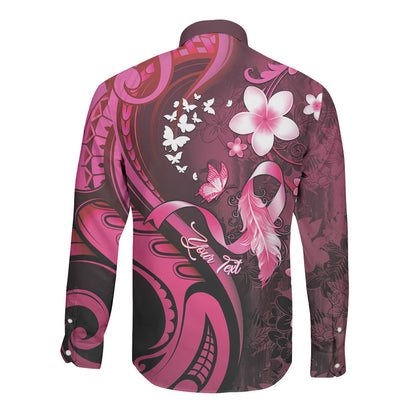 Personalised Memorial Breast Cancer Support Long Sleeve Button Shirt Plumeria Floral Tribal Pattern