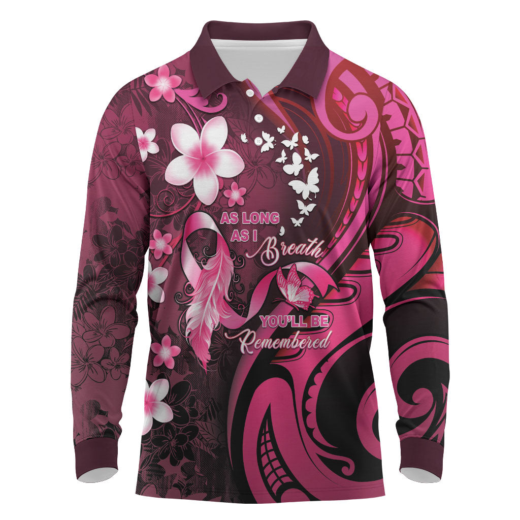 Personalised Memorial Breast Cancer Support Long Sleeve Polo Shirt Plumeria Floral Tribal Pattern