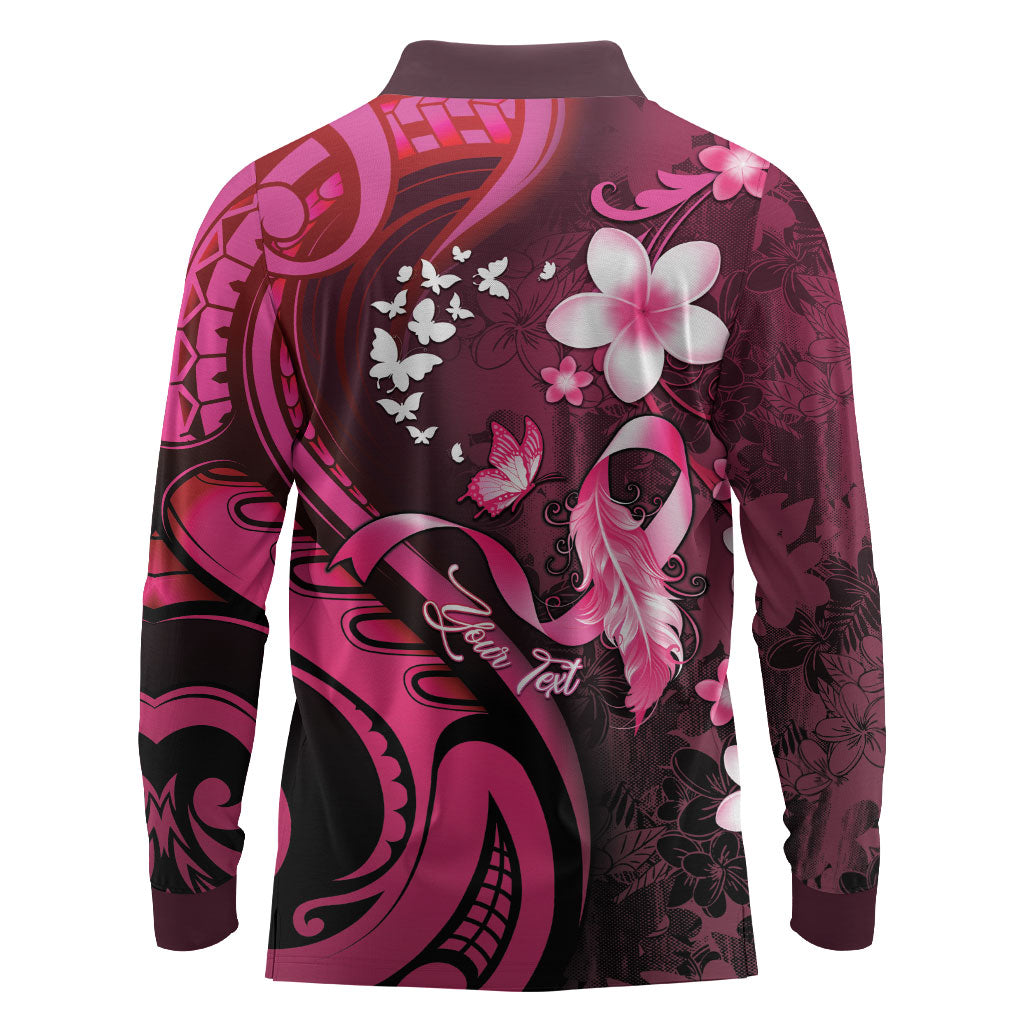 Personalised Memorial Breast Cancer Support Long Sleeve Polo Shirt Plumeria Floral Tribal Pattern