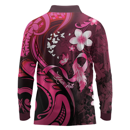 Personalised Memorial Breast Cancer Support Long Sleeve Polo Shirt Plumeria Floral Tribal Pattern