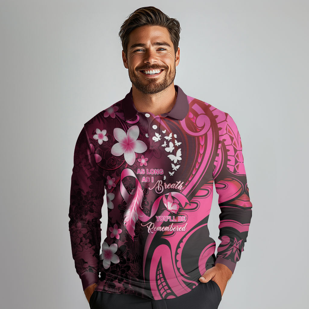 Personalised Memorial Breast Cancer Support Long Sleeve Polo Shirt Plumeria Floral Tribal Pattern