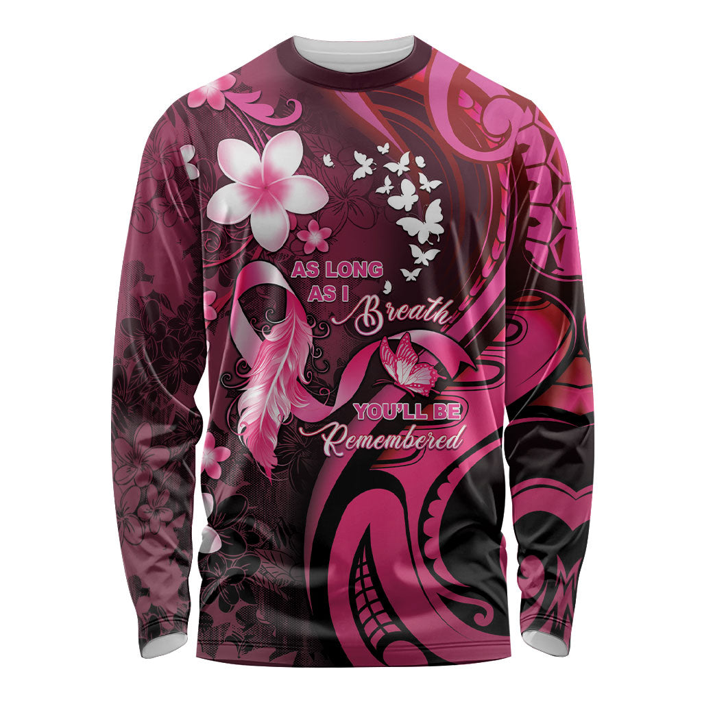 Personalised Memorial Breast Cancer Support Long Sleeve Shirt Plumeria Floral Tribal Pattern